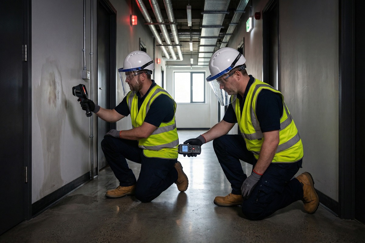 Emergency plumbing team using diagnostic equipment to trace a leak