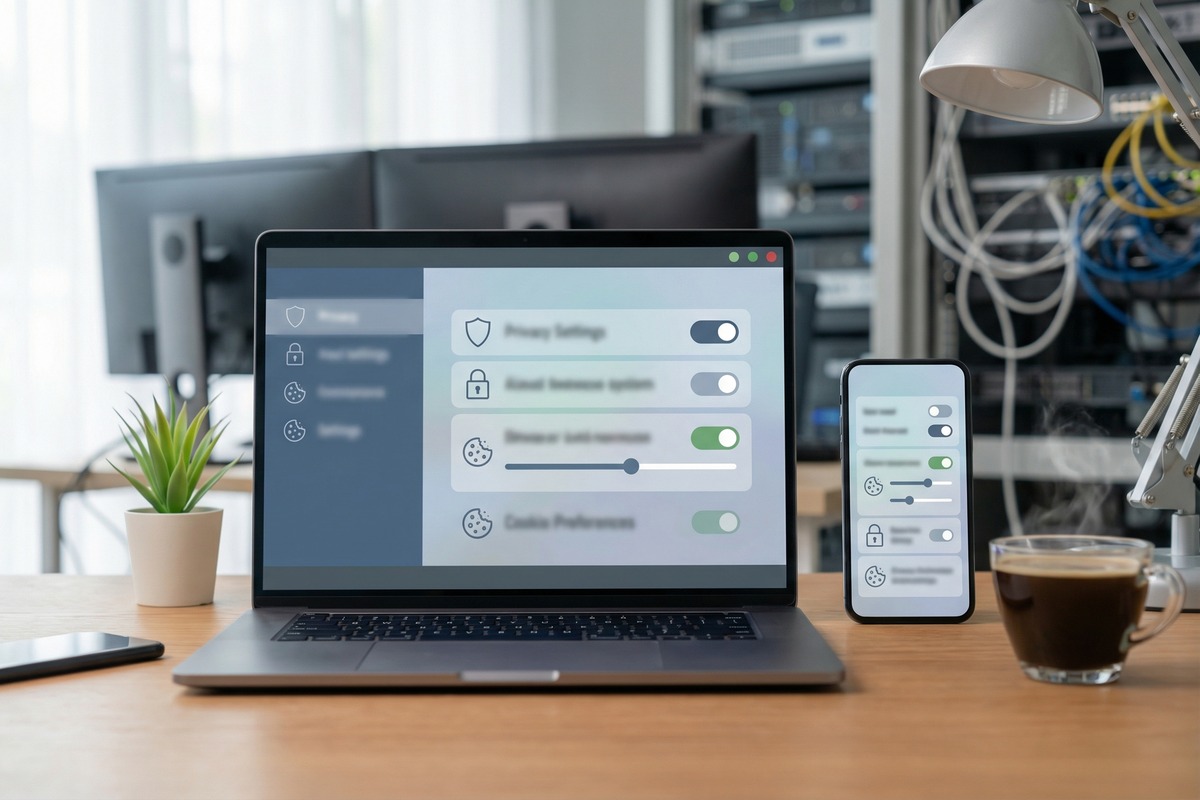 Digital cookie controls and website settings on a professional dashboard