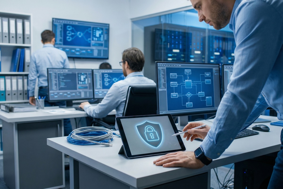 Professional office desk with secure digital records and compliance paperwork