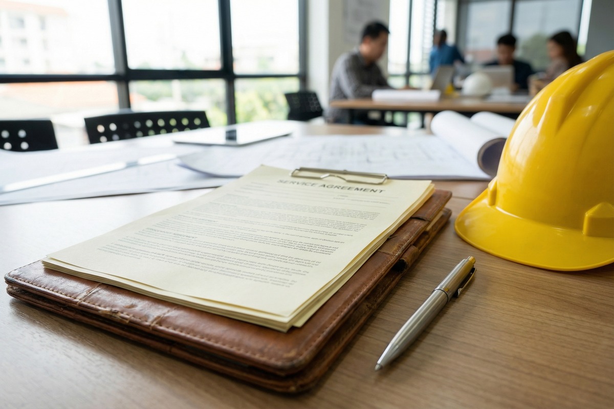 Commercial service agreement documents on a desk with engineering plans