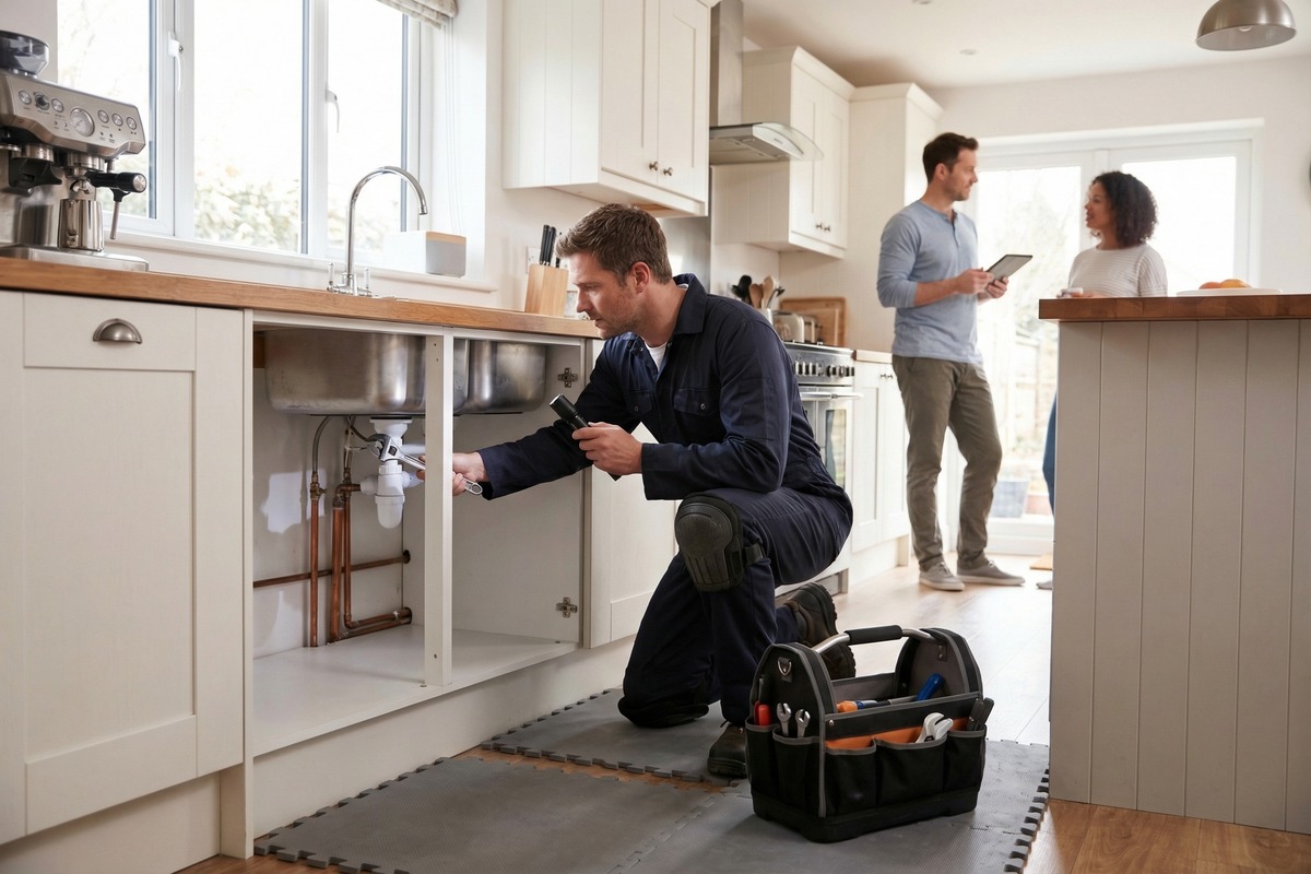 Plumbing engineer working on pipework on a commercial site