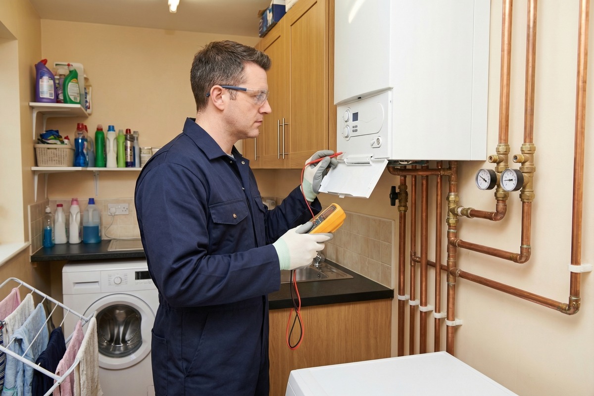 Central heating engineer carrying out boiler servicing and maintenance
