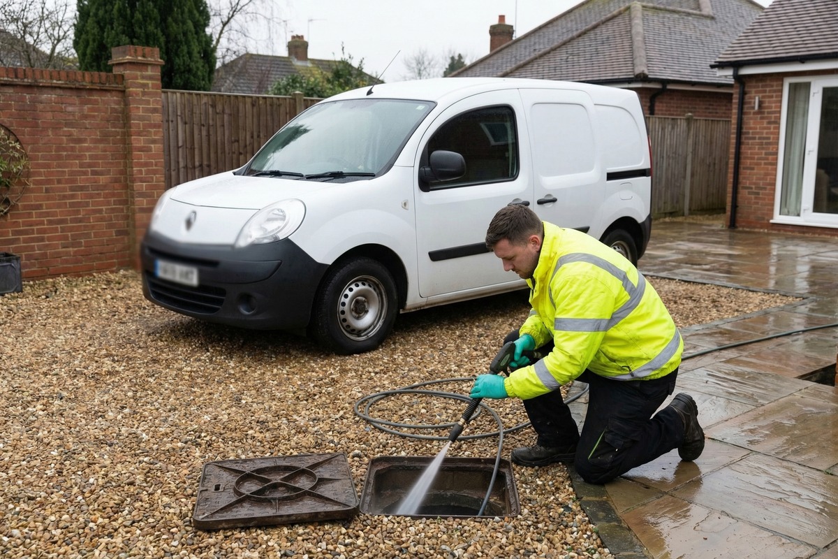 Drainage specialist carrying out drain inspection and maintenance work