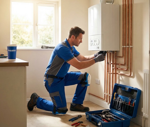 Engineer completing a domestic boiler installation quote visit in a modern utility space.