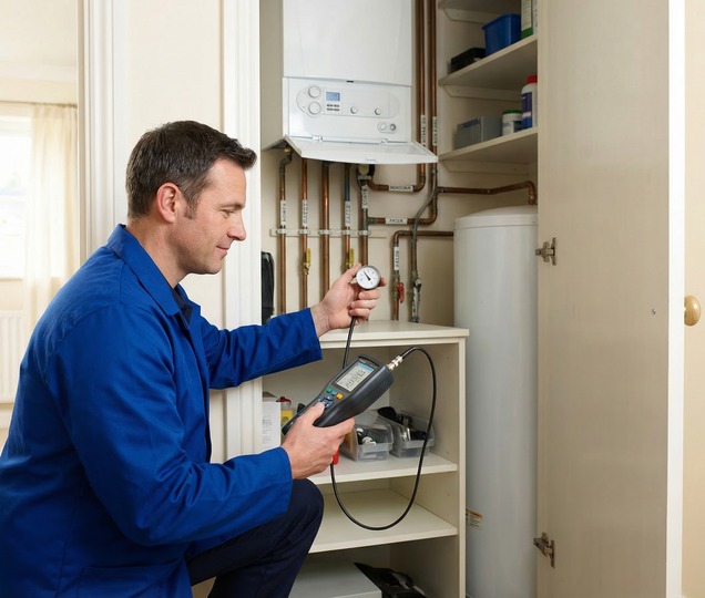 Heating engineer carrying out a detailed boiler service inspection with calibrated tools.