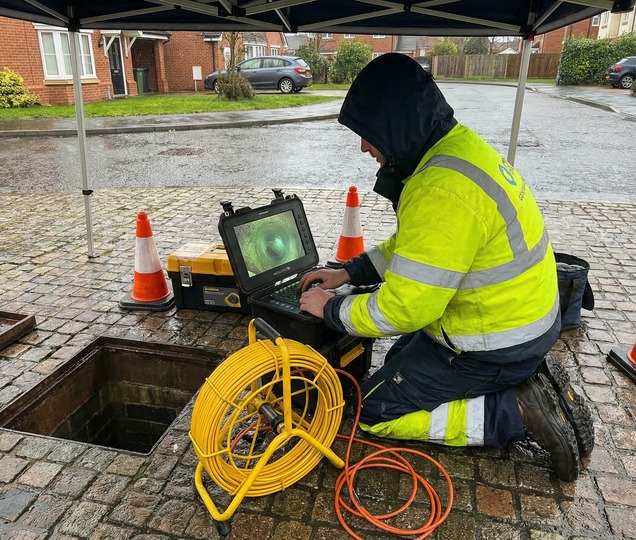 Drainage survey technician reviewing live CCTV pipeline footage during a site inspection.