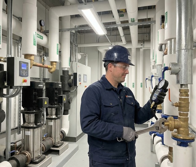 Commercial plumbing engineer inspecting pipework and valves inside a plant room environment.