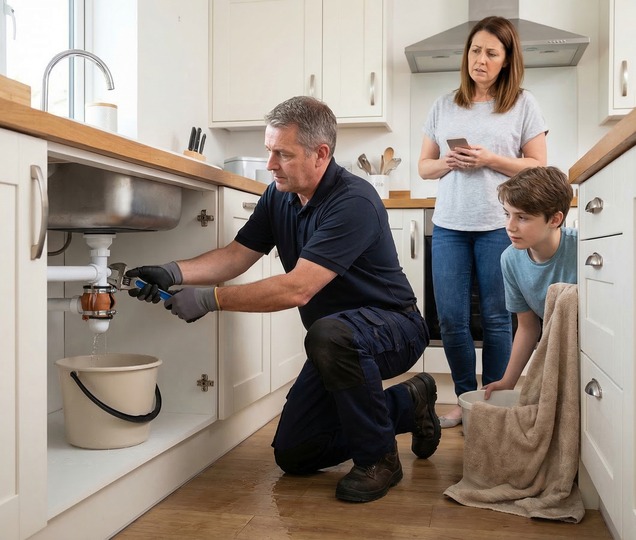 Emergency plumber making safe an active leak inside a domestic property.