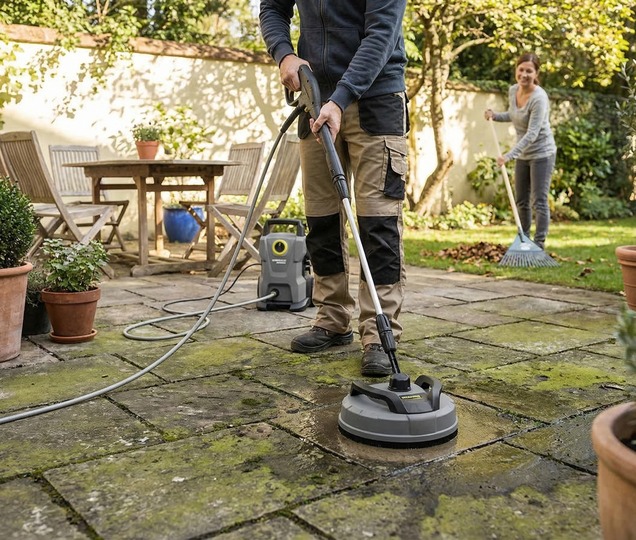 Exterior cleaning specialist restoring a domestic patio with controlled surface cleaning.