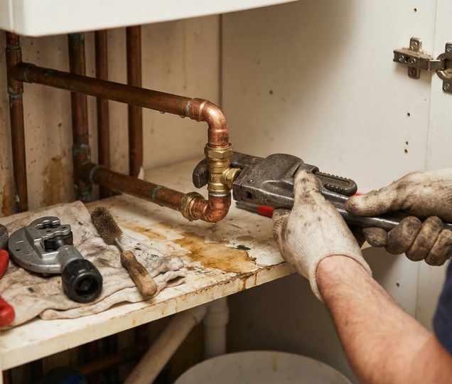 Plumbing repair specialist replacing a faulty pipe fitting during a scheduled service visit.